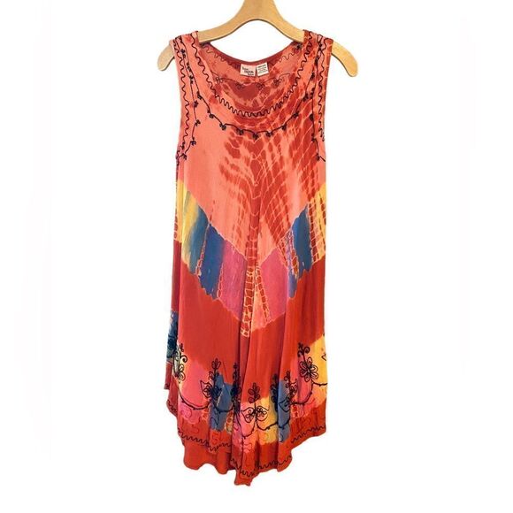 Indian Tropical Sz O/S Orange Bali Tie-Dye Flowy Light Beach Swim Cover Dress - Picture 1 of 7
